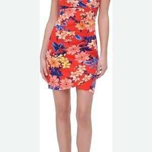 GUESS Red Floral Bodycon Dress Ruched Wrap Hem Size 12
